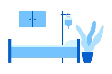 Tıbbi vektör illüstrasyonu. Rahat hastane odası. Hastane yatağı, damlalık, dolap, çiçek. Düz stil