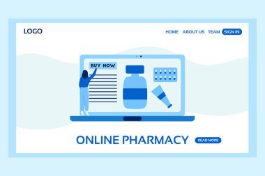 Tıbbi web sayfası kavramı. Çevrimiçi eczanenin web sayfası tasarımı şablonu. İnternette nisaları seçen kadın. Web sitesi geliştirme için modern vektör illüstrasyon tasarımları