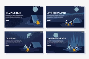 Kamp açılış sayfası ayarlayın. Seyahat web sayfası geliştirme. Ormanda, dağlarda, denize yakın ya da gölde geceleri çadır. Kamp ateşinin yanında konuşan insanlar. Düz vektör çizimi