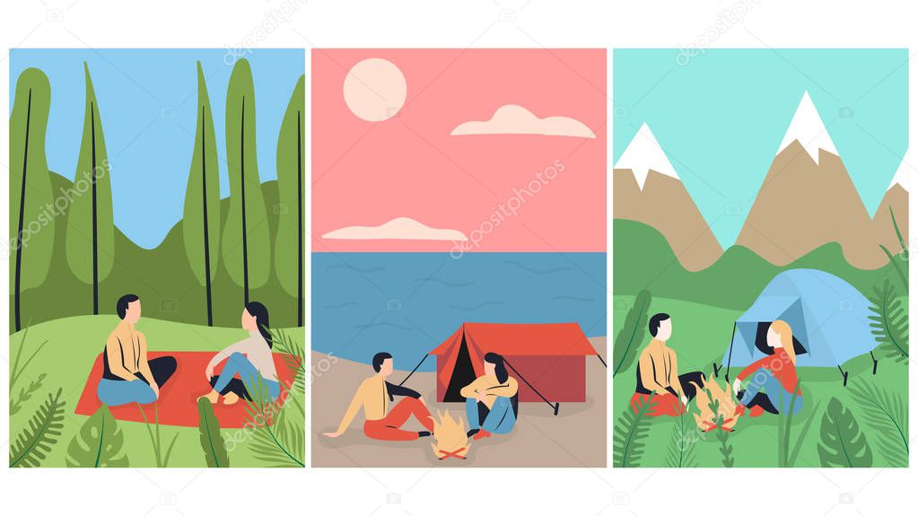 Man and woman sitting on red blanket in park. People watching sunset on the beach. A couple camping in mountains. Concept of hiking, adventure tourism, camping, travel. Flat vector illustration