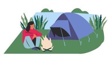 Çadırlı turistik kamp, macera turizmi için nehir kenarında kamp ateşi, seyahat, sırt çantasıyla. Yürüyüş kavramı, macera turizmi, kamp, seyahat. Düz karikatür renkli vektör illüstrasyon.