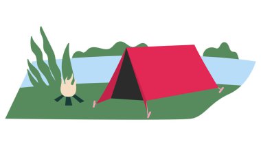 Çadırlı turistik kamp, macera turizmi için nehir kenarında kamp ateşi, seyahat, sırt çantasıyla. Yürüyüş kavramı, macera turizmi, kamp, seyahat. Düz karikatür renkli vektör illüstrasyon.