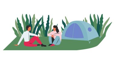 Çadırlı turistik kamp, macera turizmi için ormanda kamp ateşi, seyahat, sırt çantasıyla. Yürüyüş kavramı, macera turizmi, kamp, seyahat. Düz karikatür renkli vektör illüstrasyon.