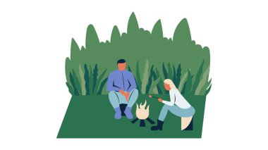 Macera turizmi, seyahat, sırt çantasıiçin ormanda kamp ateşi ile turistik kamp. Yürüyüş kavramı, macera turizmi, kamp, seyahat. Düz karikatür renkli vektör illüstrasyon.