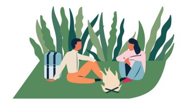 Macera turizmi, seyahat, sırt çantasıiçin ormanda kamp ateşi ile turistik kamp. Yürüyüş kavramı, macera turizmi, kamp, seyahat. Düz karikatür renkli vektör illüstrasyon.