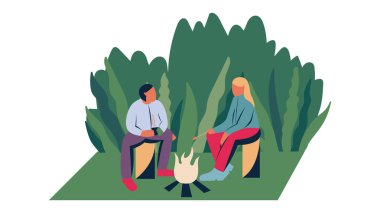 Macera turizmi, seyahat, sırt çantasıiçin ormanda kamp ateşi ile turistik kamp. Yürüyüş kavramı, macera turizmi, kamp, seyahat. Düz karikatür renkli vektör illüstrasyon.