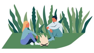 Macera turizmi, seyahat, sırt çantasıiçin ormanda kamp ateşi ile turistik kamp. Yürüyüş kavramı, macera turizmi, kamp, seyahat. Düz karikatür renkli vektör illüstrasyon.