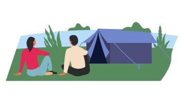 Çadırlı turistik kamp, macera turizmi için nehir kenarında kamp ateşi, seyahat, sırt çantasıyla. Yürüyüş kavramı, macera turizmi, kamp, seyahat. Düz karikatür renkli vektör illüstrasyon.