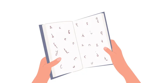 Person som innehar en bok och kan inte läsa på grund av dyslexi. Dyslexi koncept. En bok i händerna. Platt vektor illustration. — Stock vektor