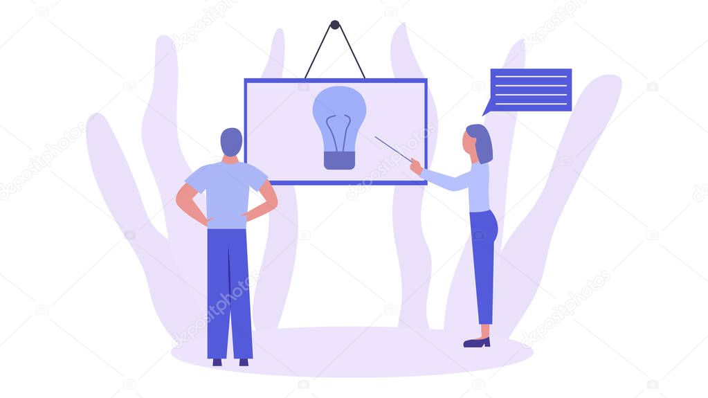 Two people discuss an idea. A bulb symbolizing idea. Business metaphor. Team concept. Flat vector illustration. Symbol of cooperation, teamwork, partnership, business solution