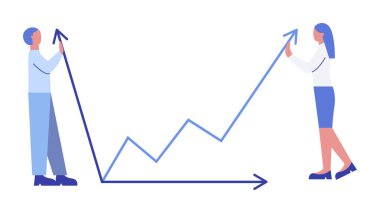 İnsanlar bilgi grafikleri veya grafikleri bulmaca olarak toplar. İstatistiksel analiz metafor. Mali yönetim, istatistik ve iş raporunun sembolü. Düz vektör çizim. 