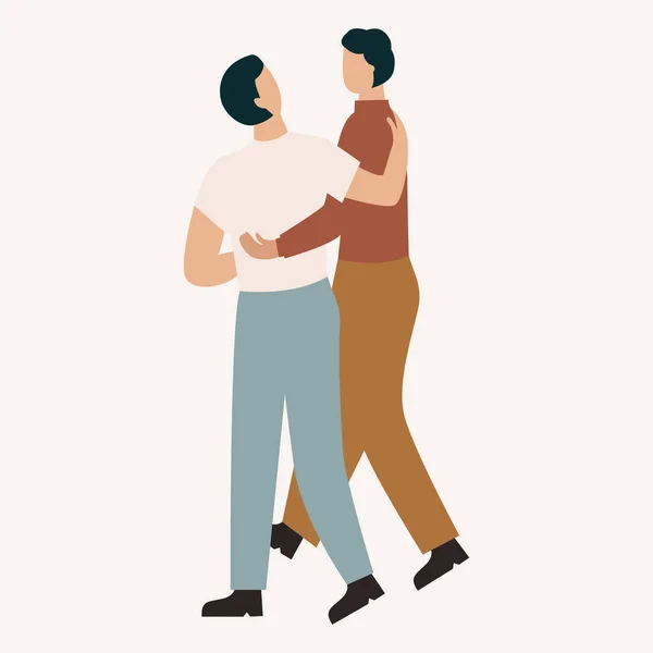 Casal LGBT ou amigos estão abraçando e assistindo um ao outro enquanto caminham. Duas pessoas abraçadas. Relação homossexual. Ilustração isolada de vetores planos — Vetor de Stock