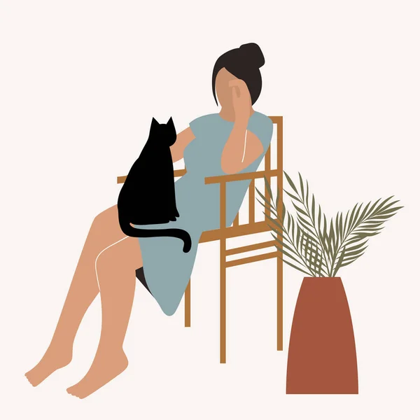Žena s kočkou. Žena si oblékala módní šaty a trávila čas se zvířátkem, který seděl s kočkou v kotli u tropické továrny v hrnci. Plochá vektorová ilustrace — Stockový vektor