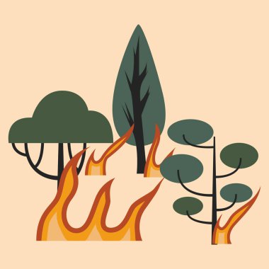 Ağaçlar ve alevler. Orman yanıyor. Taiga yanıyor. Yanan orman. Düz vektör çizimi