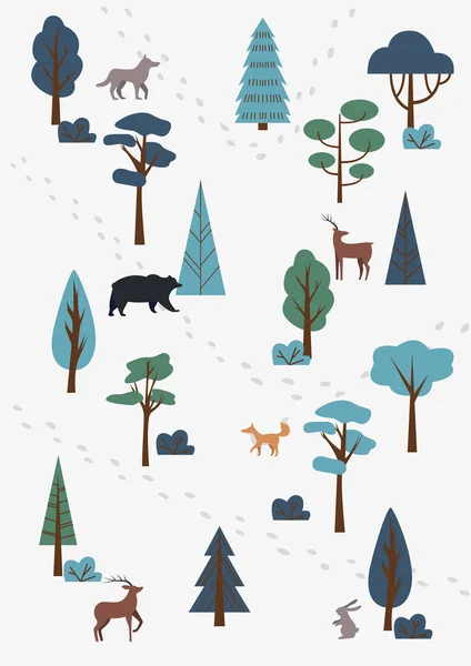 Lindo bosque de fondo. Pequeños árboles y huellas, animales, ciervos, osos, liebres, lobos y zorros. Ilustración vectorial plana — Vector de stock