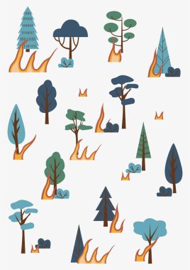 Ağaçlar ve alevler. Orman yanıyor. Taiga yanıyor. Yanan orman. Düz vektör çizimi