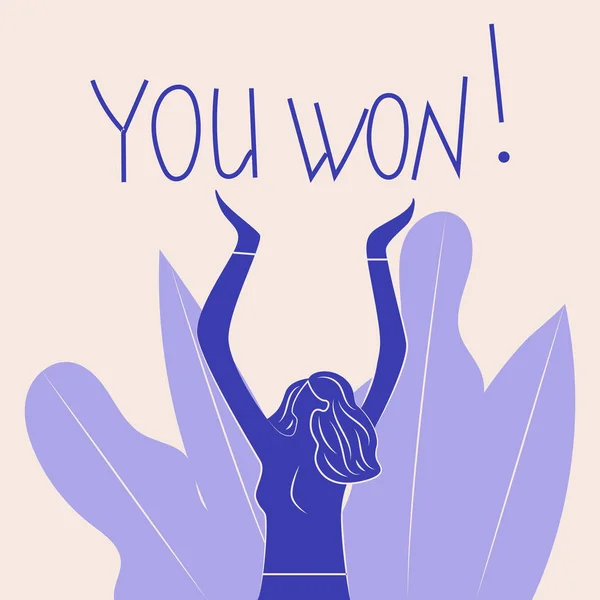 Mujer abstracta no proporcional azul sosteniendo sus manos arriba anunciando el ganador. Ganaste. Ilustración vectorial — Archivo Imágenes Vectoriales