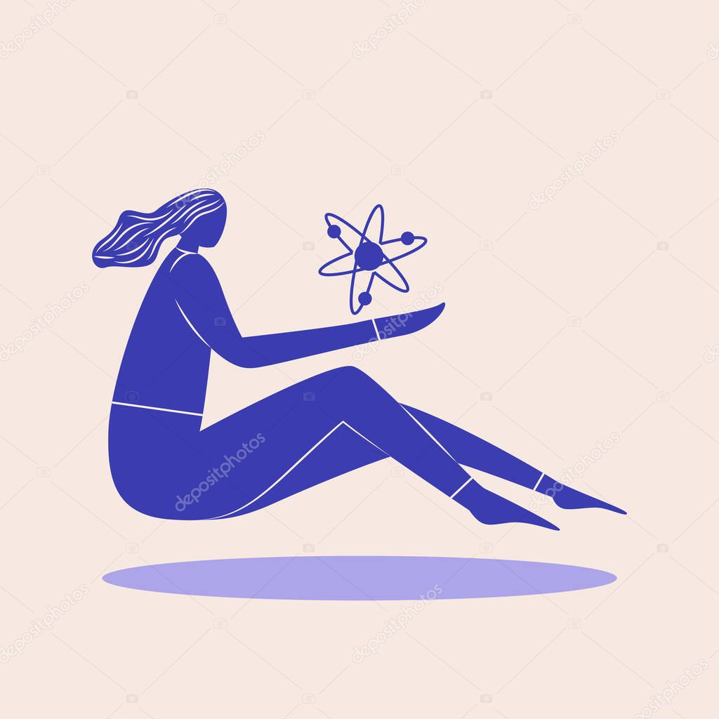 People levitating and holding atom. Blue non proportional flying woman with atom. Scientific concept. Vector illustration