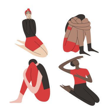 Depresyonda olan kadın ve erkekler dizlerinin etrafında elleri ile oturup ağlıyorlar. Stresli durum kavramları paketi. Düz vektör çizimi.