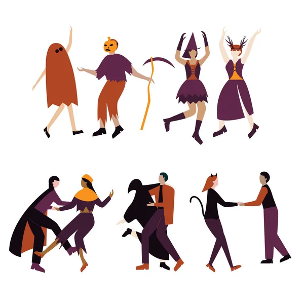 Casais de personagens de desenhos animados se divertindo dançando na festa de Halloween. Homens e mulheres vestidos com trajes de Halloween dançando no clube ou concerto. Ilustração vetorial plana — Vetor de Stock