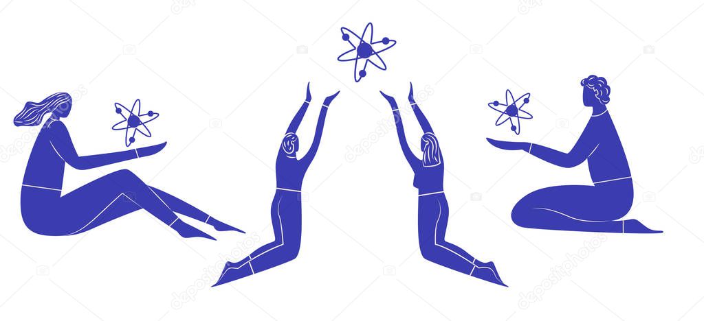 People levitating and holding atom. Blue non proportional flying man and woman with atom. Set of scientific concepts. Vector illustration.