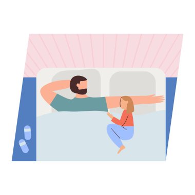 Baba ve kızı sevimli çifti birlikte vakit geçirmek - uyku. Mutlu babalık. Düz karikatür vektör illüstrasyon