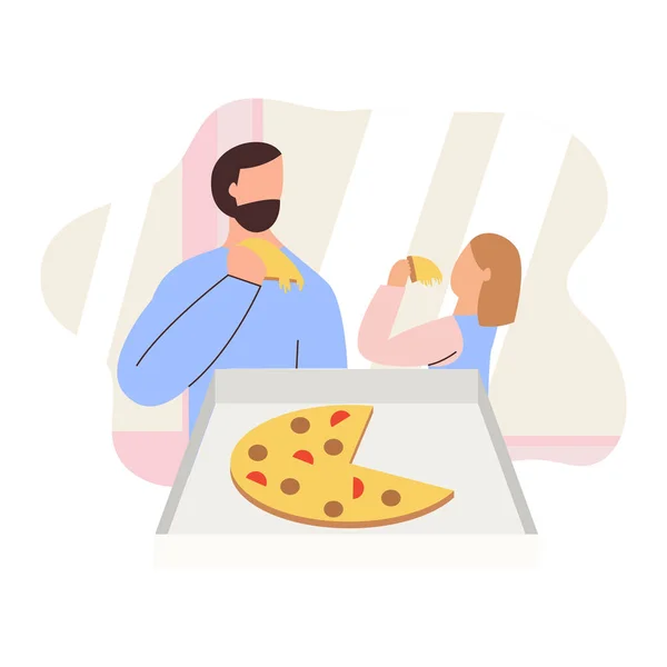 Lindo par de padre e hija pasar tiempo juntos comer pizza. Feliz paternidad. ilustración plana vector de dibujos animados — Archivo Imágenes Vectoriales