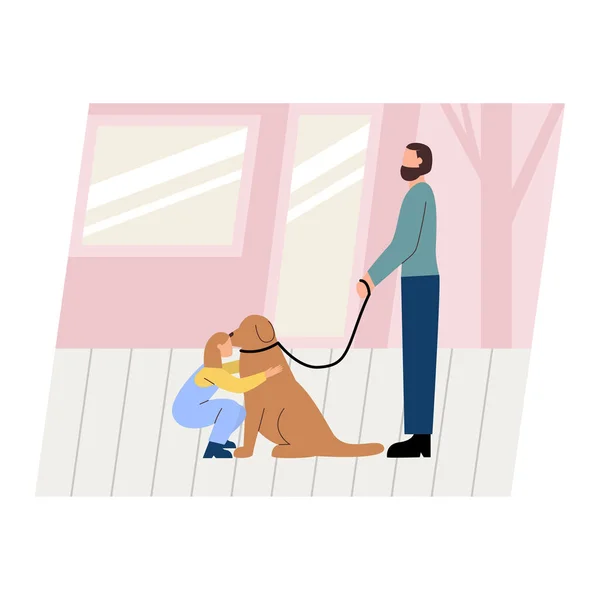 Cute pair of father and daughter spending time together - walking the dog. Happy fatherhood. Flat cartoon vector illustration — Stock Vector
