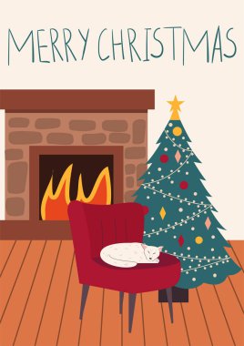 Sandalyede uyuyan çok sevimli beyaz kedi. Yanında süslü bir Noel ağacı var. Arkasında bir şömine var. Düz karikatür vektör illüstrasyon.