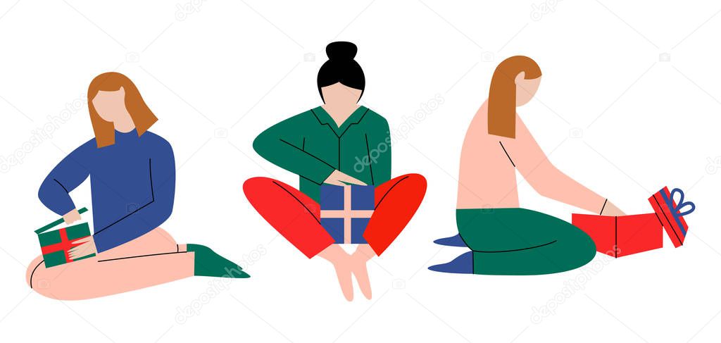 Set of women opening Christmas presents. Women sitting on the floor holding decorated boxes with surprise presents. Flat vector illustration