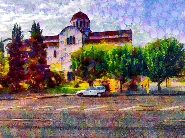 Edificio Con Coche Estilizado Como Aceite — Foto de Stock