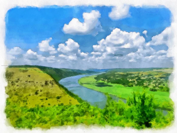 Río Verdes Colinas Acuarela Paisaje — Foto de Stock