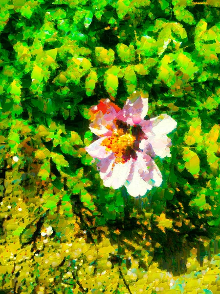 Розовый Пионский Цветок Зеленых Кустах Листьями Окрашенными Масло Текстурой Виде — стоковое фото