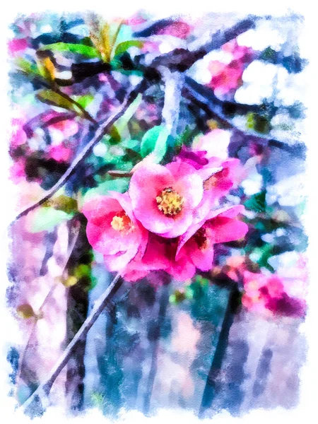 Jasně Karmínové Květy Čínského Citronu Větvi Listy Malovanými Akvarelem — Stock fotografie