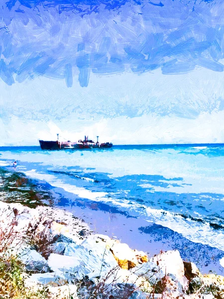 Navio Mar Com Céu Azul Estilizado Como Tinta Acrílica — Fotografia de Stock