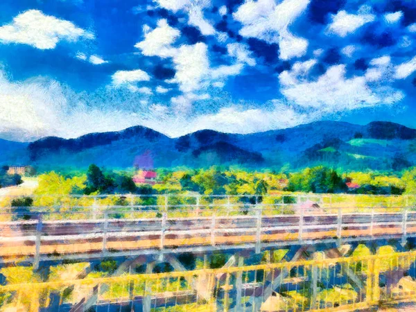 Bridge Background Mountains Stylized Pencil Landscape — Stock Photo, Image