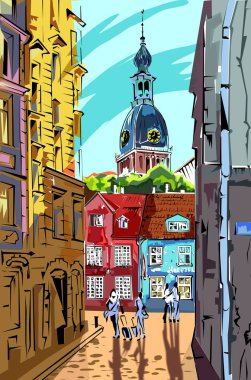 Turistler eski kasabanın içinden yürümek.