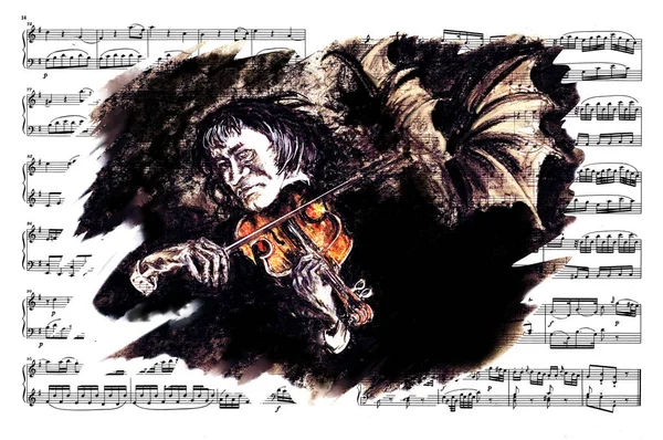 Textbook Music Notes Paganini Violinist Devil — Stock Photo, Image