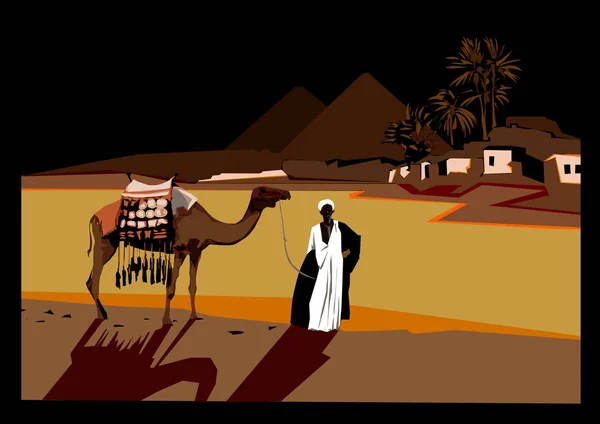 Βεδουίνοι Μια Καμήλα Φόντο Τις Πυραμίδες Στην Αίγυπτο Έρημο Βράδυ — Φωτογραφία Αρχείου