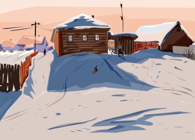 Çocuklar, kışın tepeden aşağı binmek. Bahar yakında geliyor. Köyde.