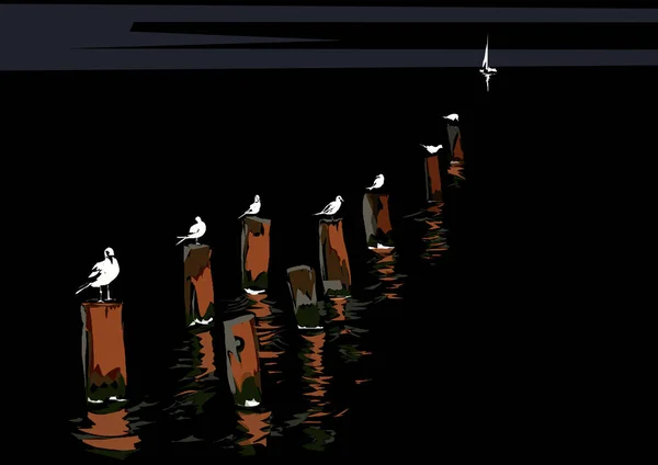 Gulls Sitting Stilts Night Sailing Sea — Stock Photo, Image