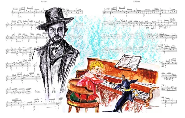 Pastell Ritning Claude Debussy Fransk Kompositör Den Ledande Representanten För — Stockfoto