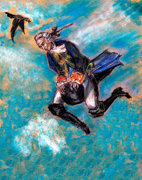 Jerome Baron von Munchausen özünde uçuyor. Baron Munchausen 'i getir kitabı için resim.