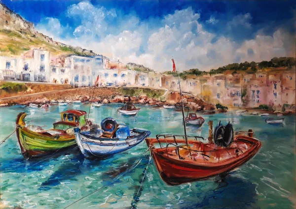 Serie Paisajes Marinos Pintura Por Pastel Barcos Pesca Mar Verano —  Fotos de Stock