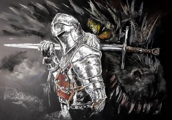 Fantezi serisi. Ejderhayı öldüren şövalye. Pastel çizim.