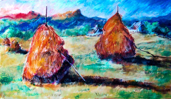 Række Landskaber Haystacks Bjergside Ved Solnedgang Olie Pastel Maleri - Stock-foto