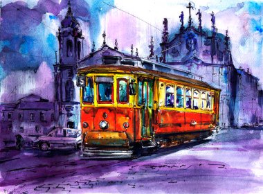 Şehir manzarası serisi. Lisbon tramvayı kilisenin arka planında. Suluboya resim.