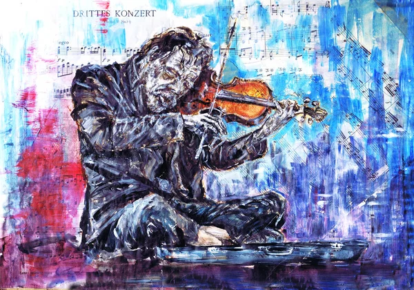 Une Série Musiciens Rue Peinture Acrylique Violoniste Mendiant Dans Rue — Photo