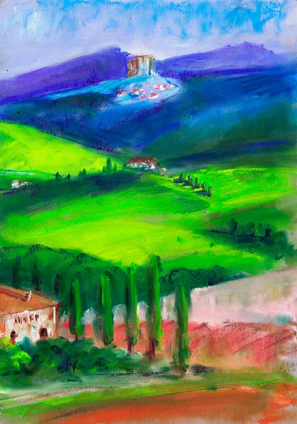 Række Landskaber Toscanske Landskab Tegner Pastel Italien Sommeren - Stock-foto