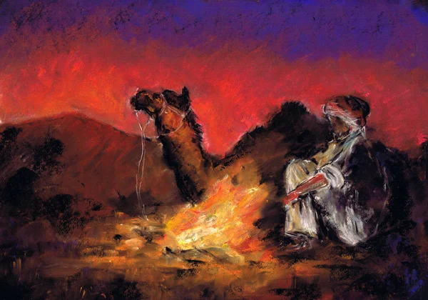 Bedoeïen Kameel Zitten Nachts Bij Het Vuur Woestijn Teken Pastel — Stockfoto